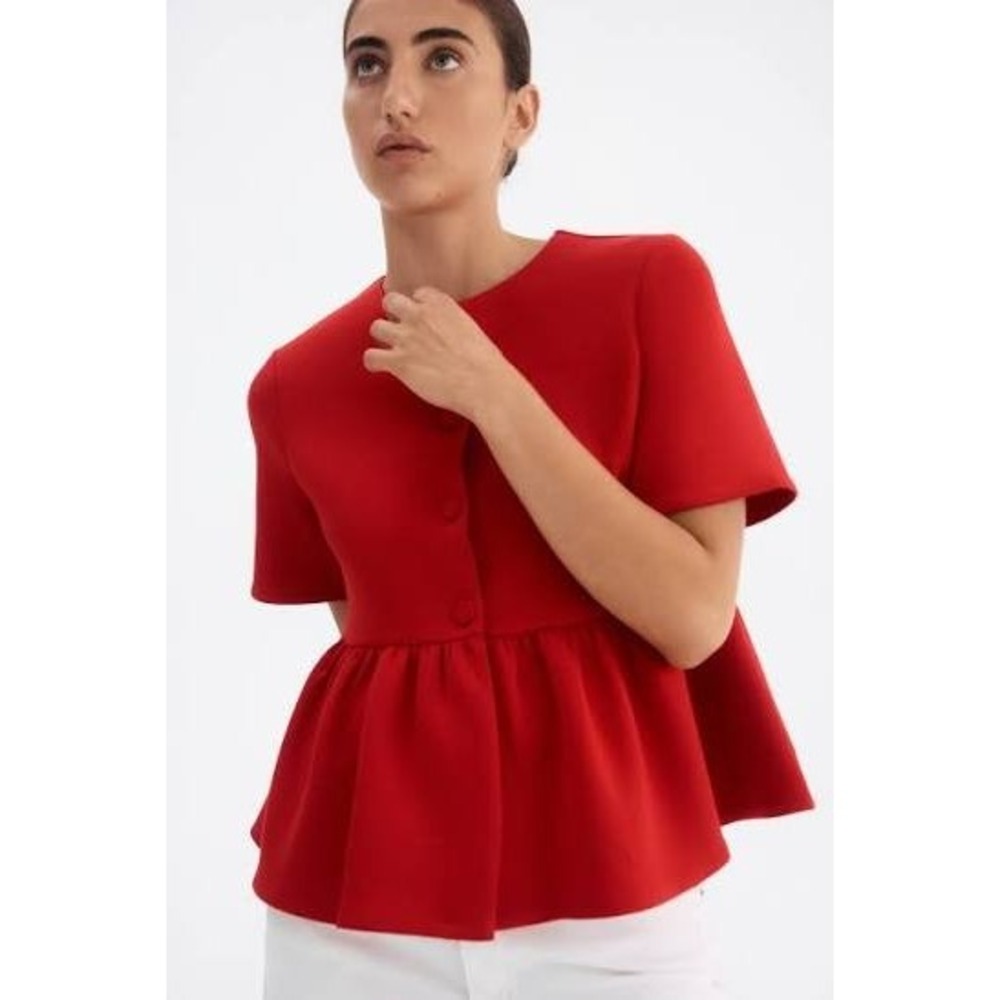 NWT H&M Peplum Top Women Scuba Medium Red Short Sleeve Button Up Structured Knit